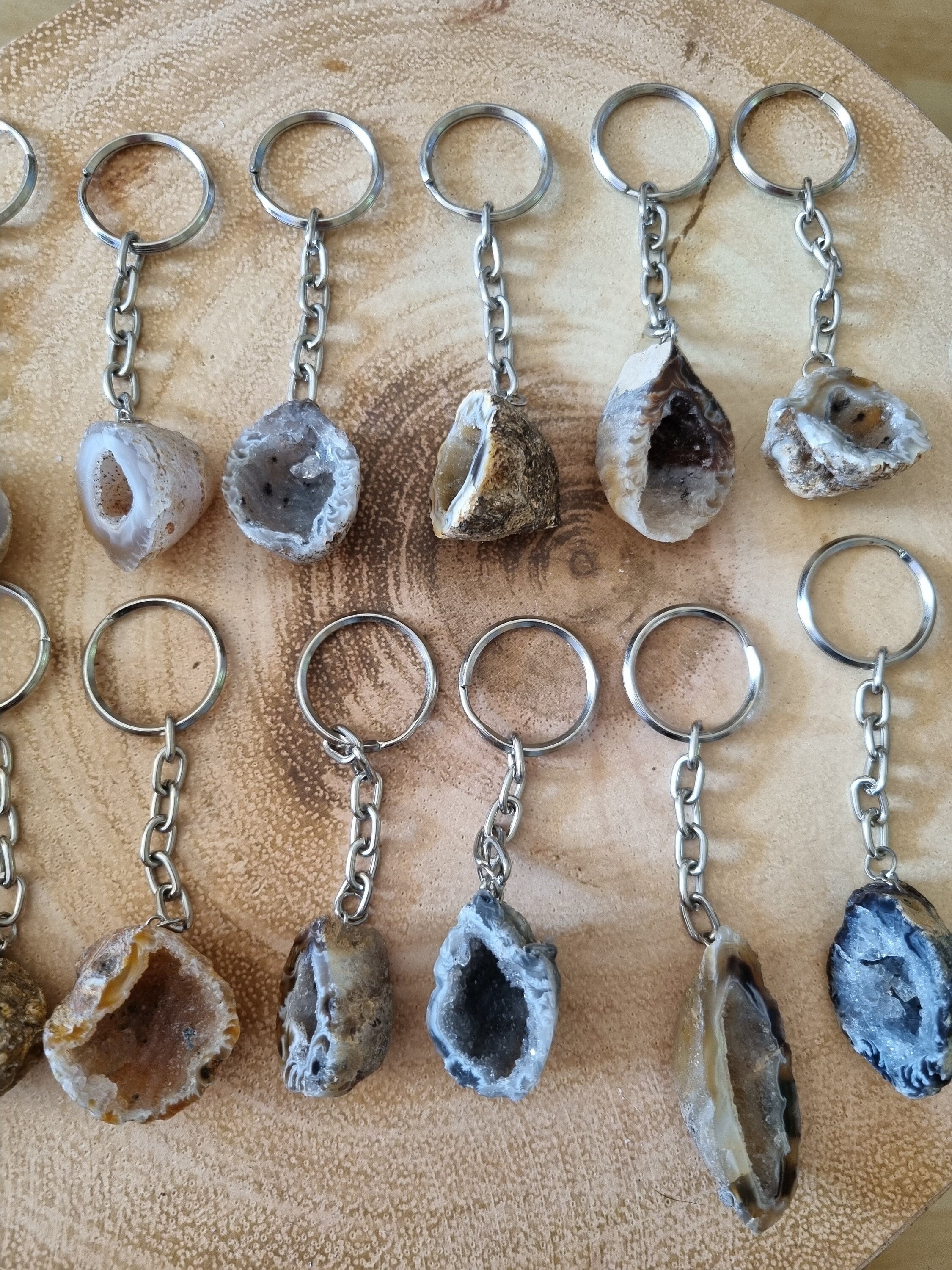 Natural Druzy Agate geode keyrings from Brazil. Each one has a silver clasps keyring.