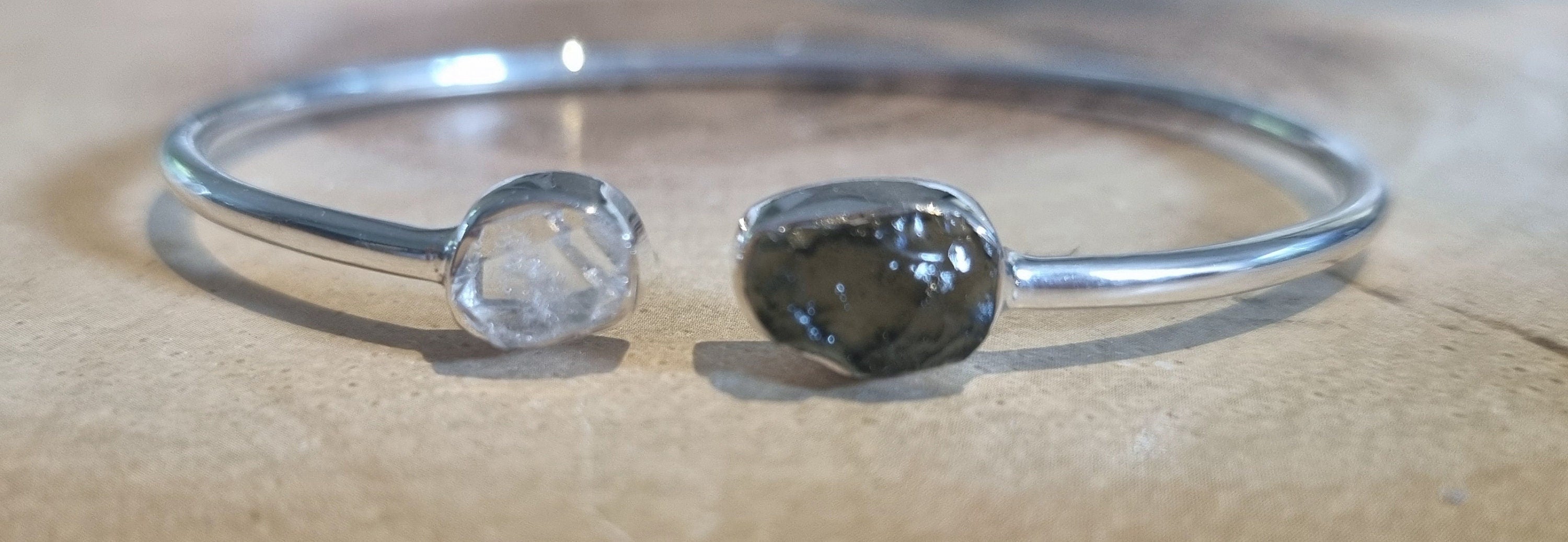 Moldavite and Herkimer Diamond bangle with suede pouch