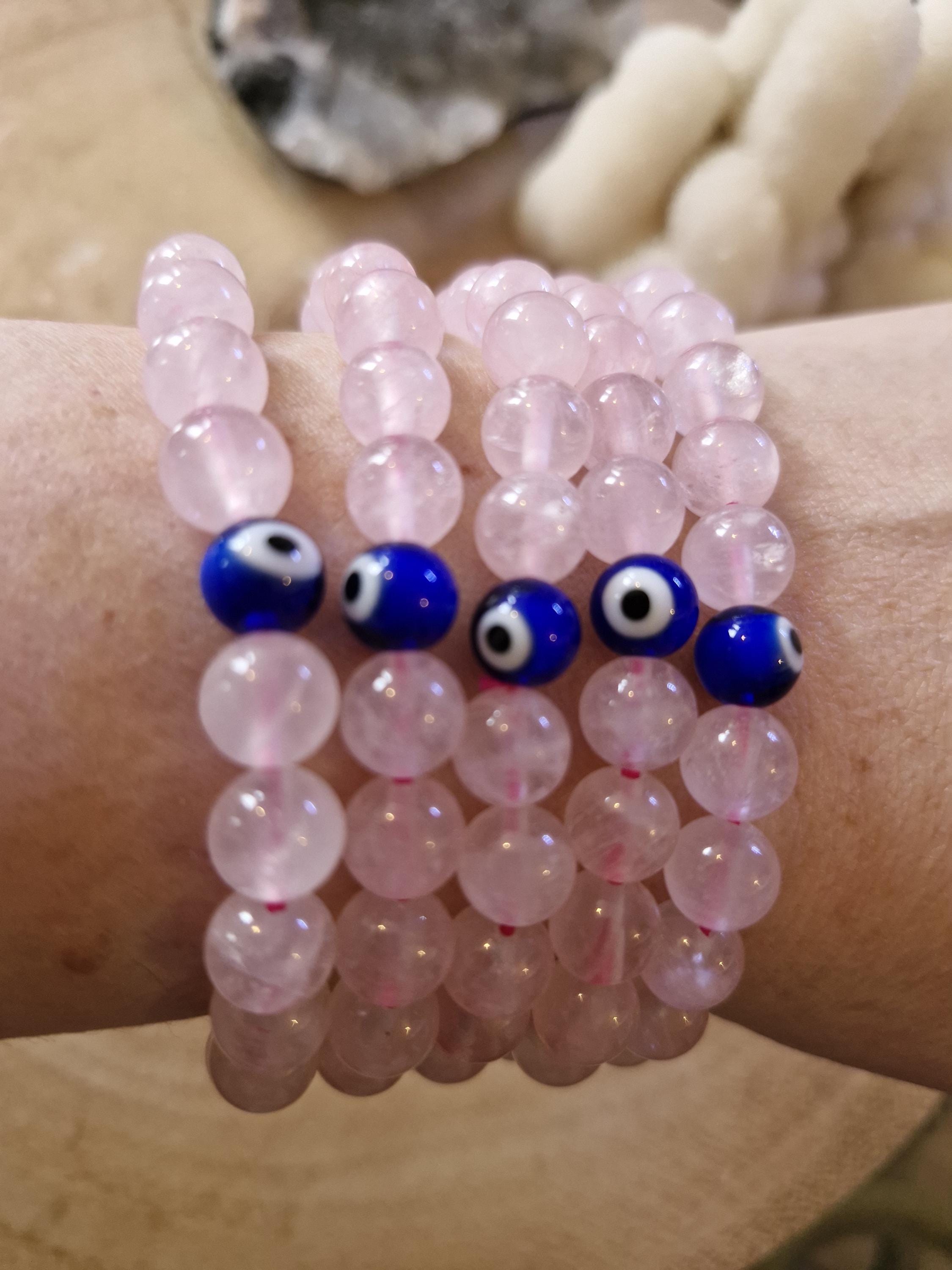 Evil Eye Rose Quartz Bracelet: Crystal Gemstone, Adjustable 8mm