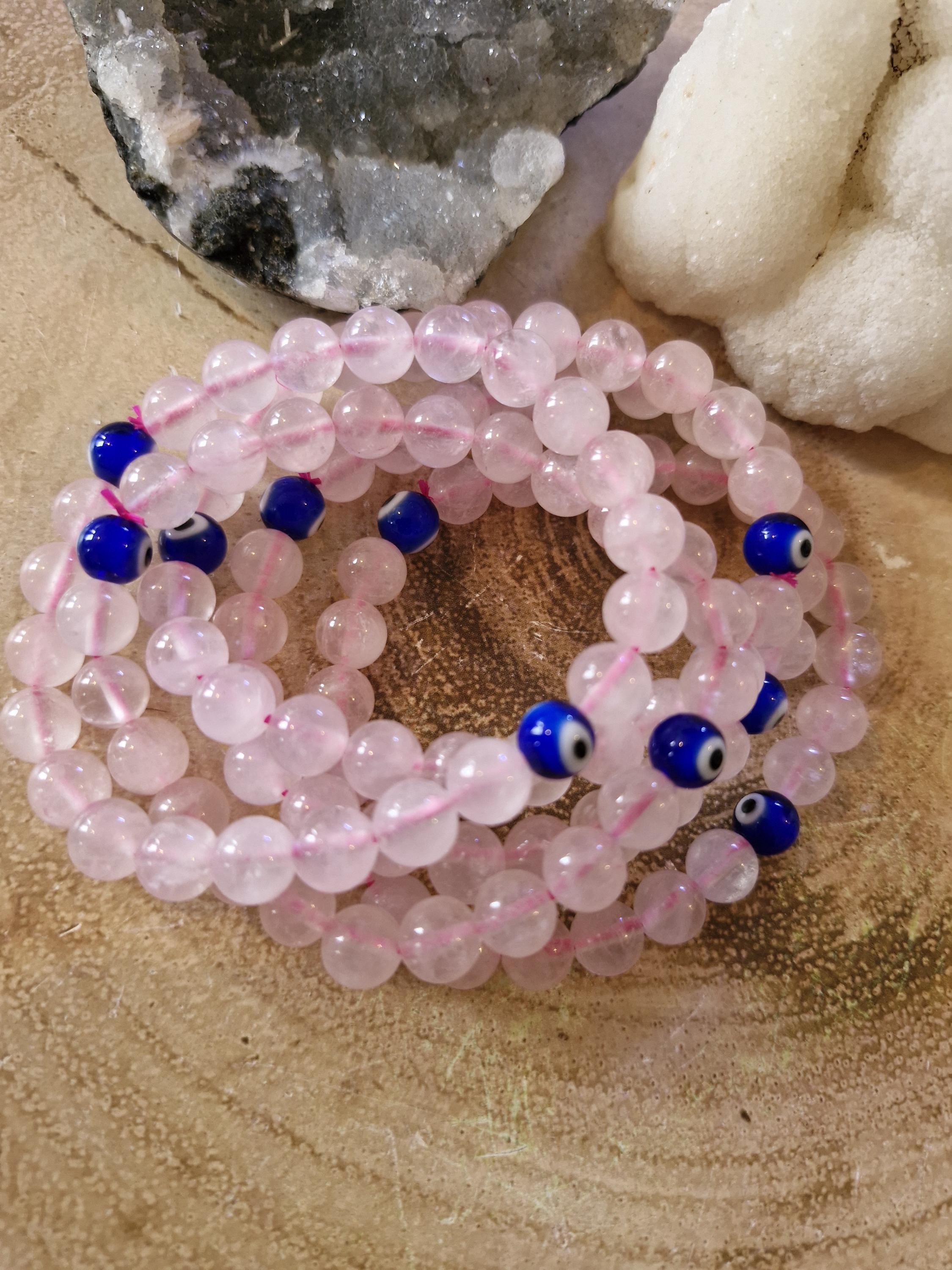 Evil Eye Rose Quartz Bracelet: Crystal Gemstone, Adjustable 8mm