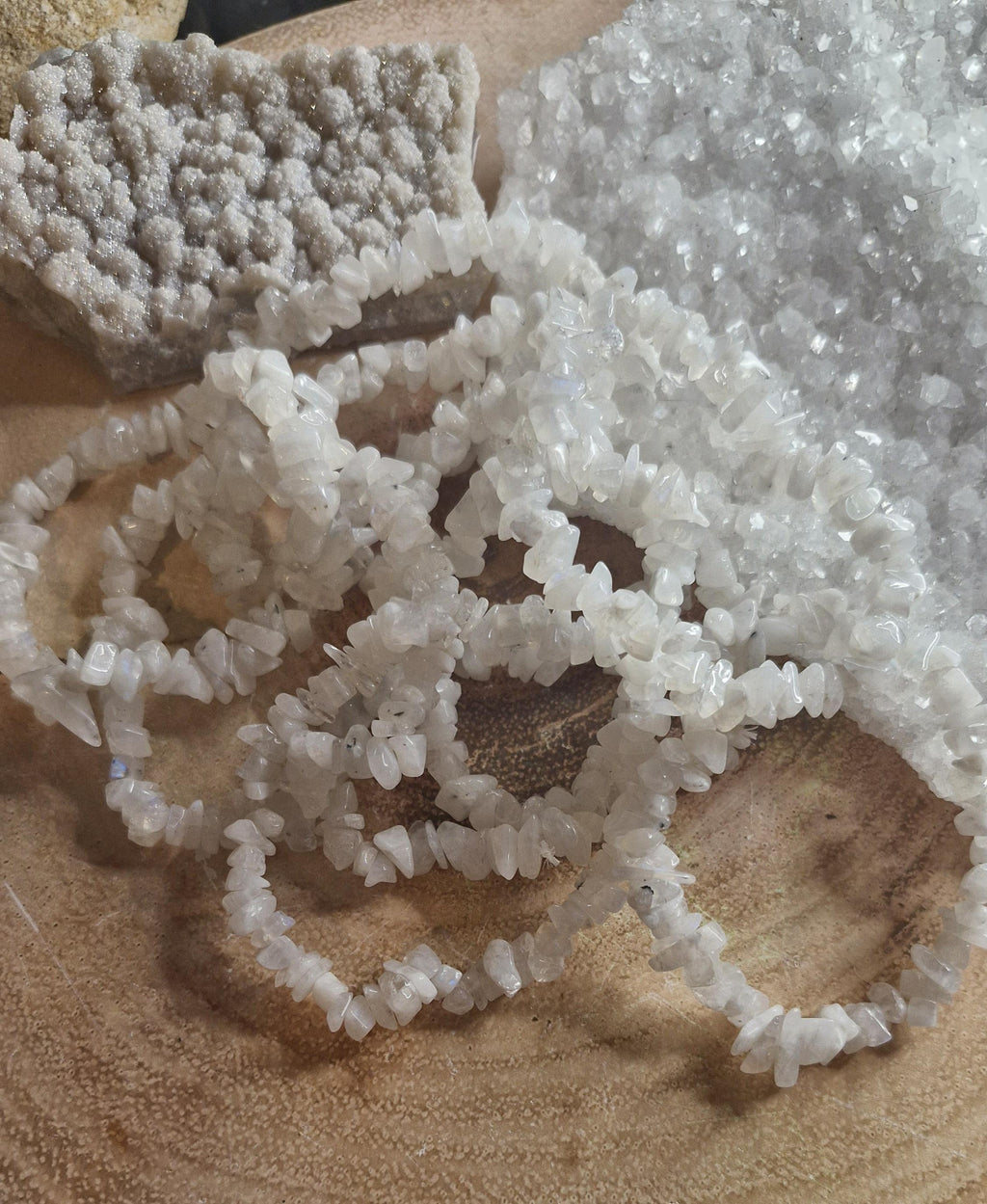 Natural chipped and beaded flashy white Moonstone crystal bracelets with stretchy band.