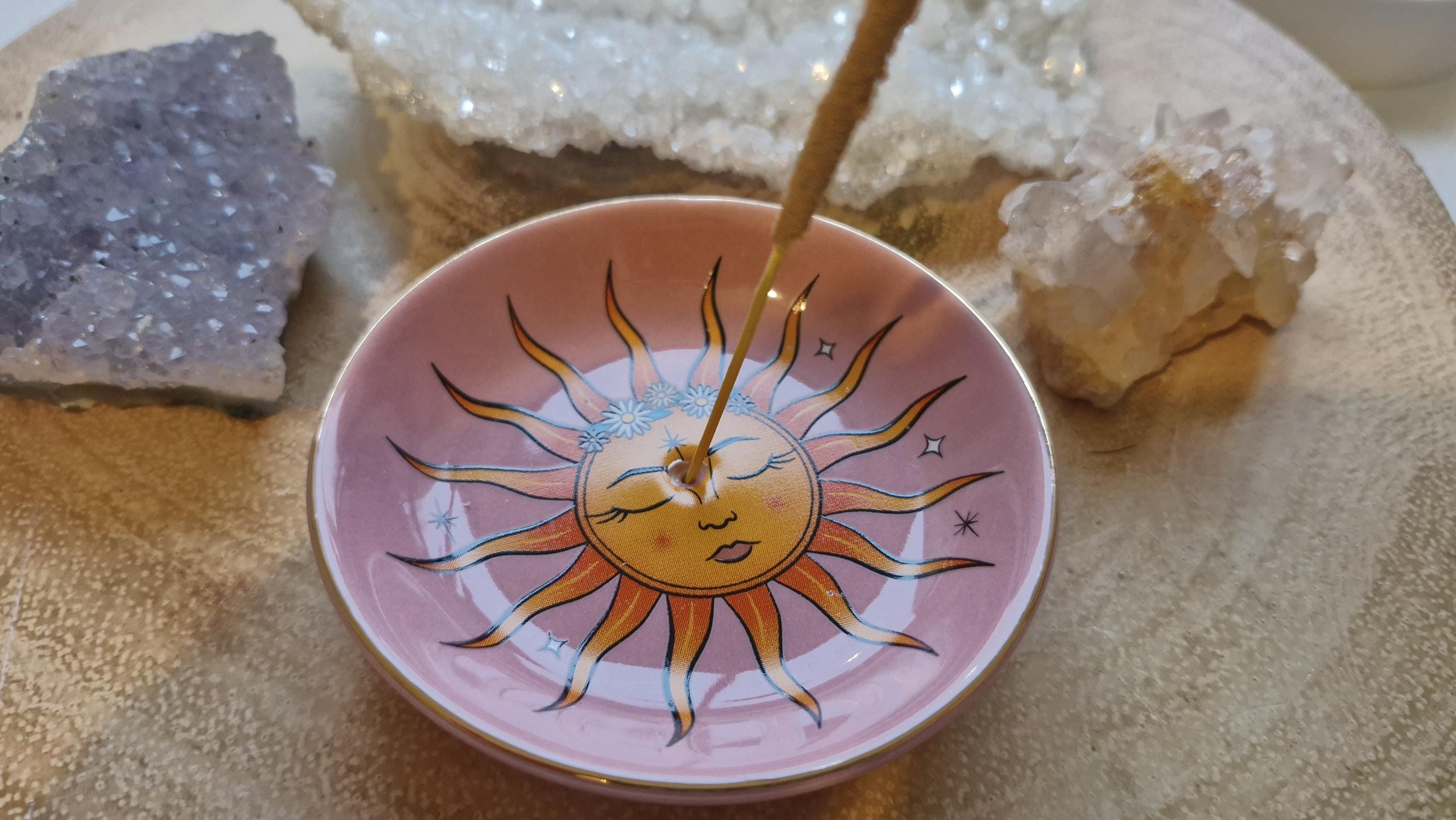 Pink Celestial Sun design and  blue moon design Insense Dish