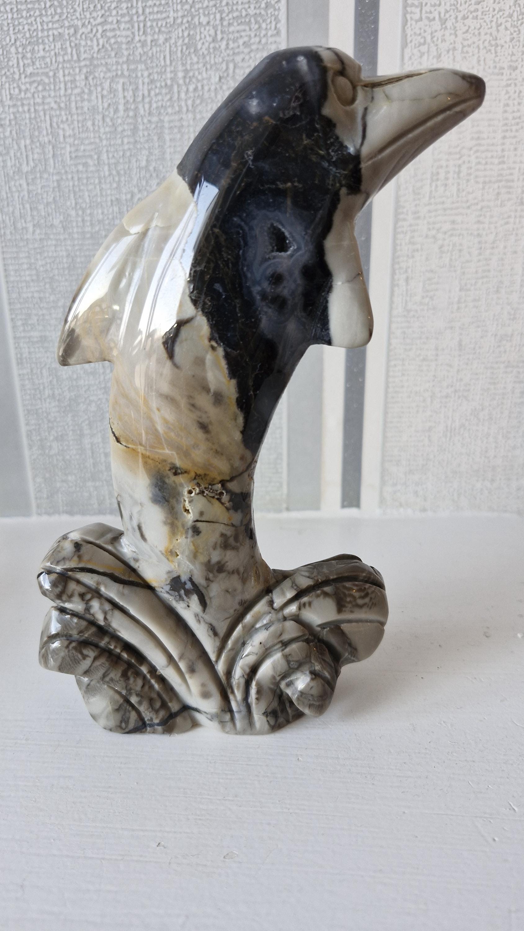Volcano Agate Dolphin Carving: 8-inch Gemstone Sculpture