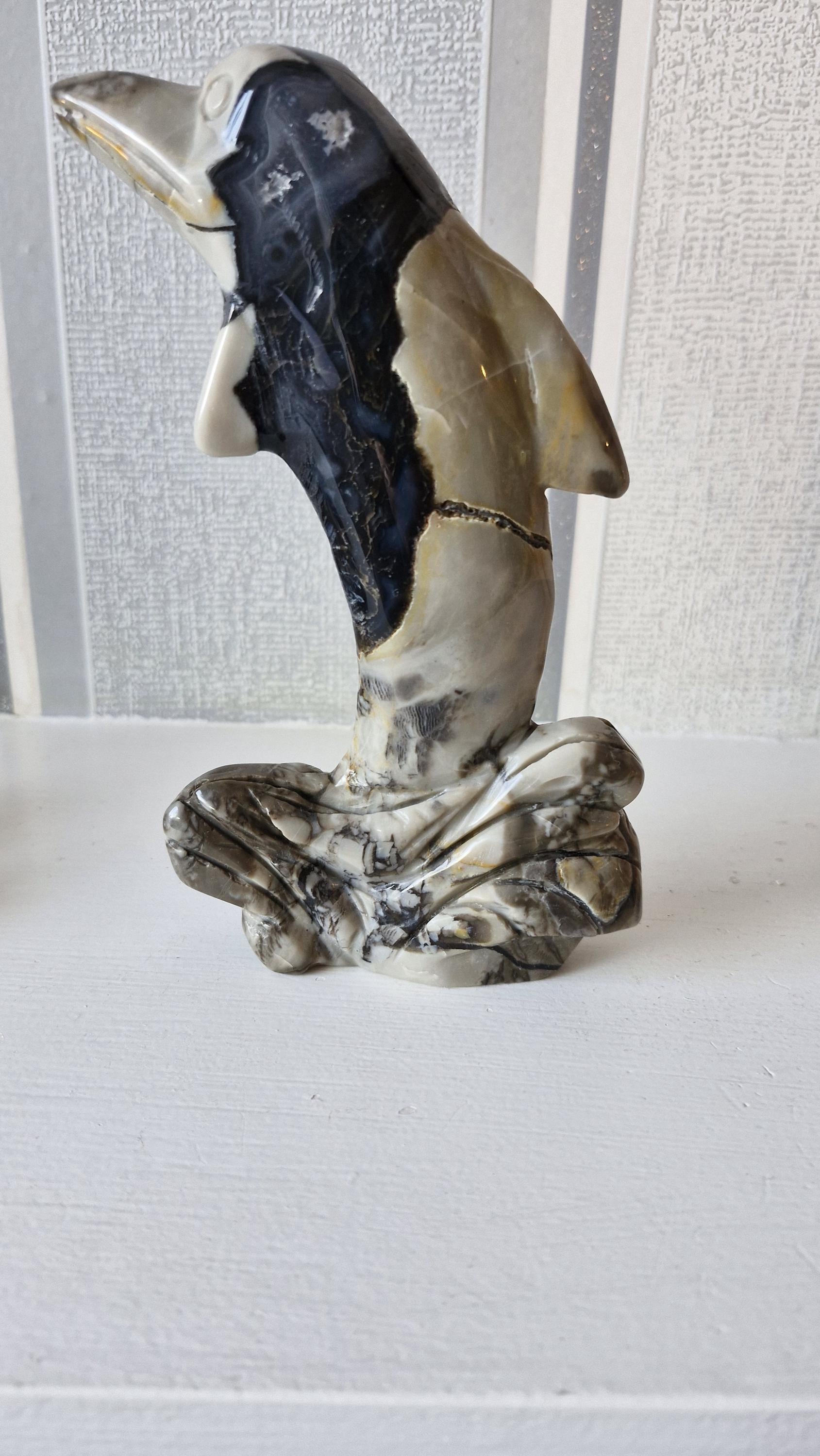 Volcano Agate Dolphin Carving: 8-inch Gemstone Sculpture
