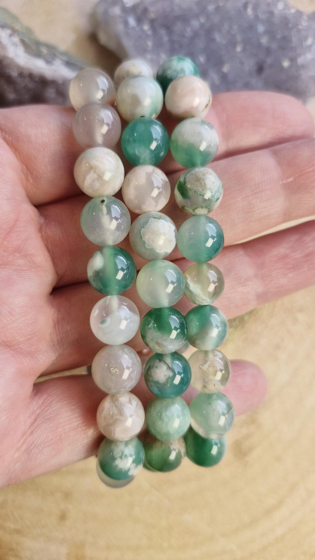 Rare Green flower agate crystal bracelets with adjustable stretchy banding. Bead size 10mm