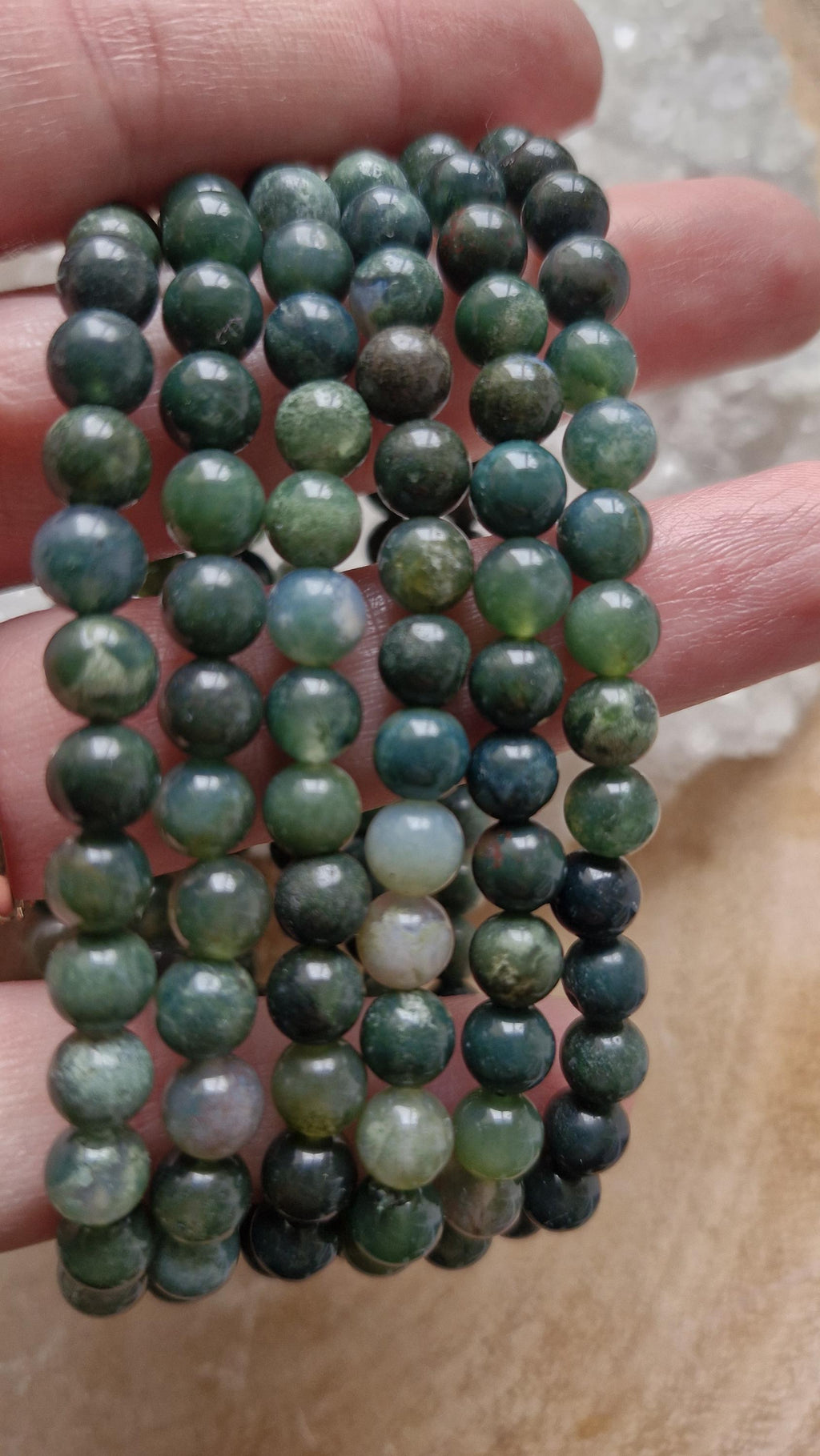Moss Agate bracelets. Bead Size 7mm with elasticated adjustable band.