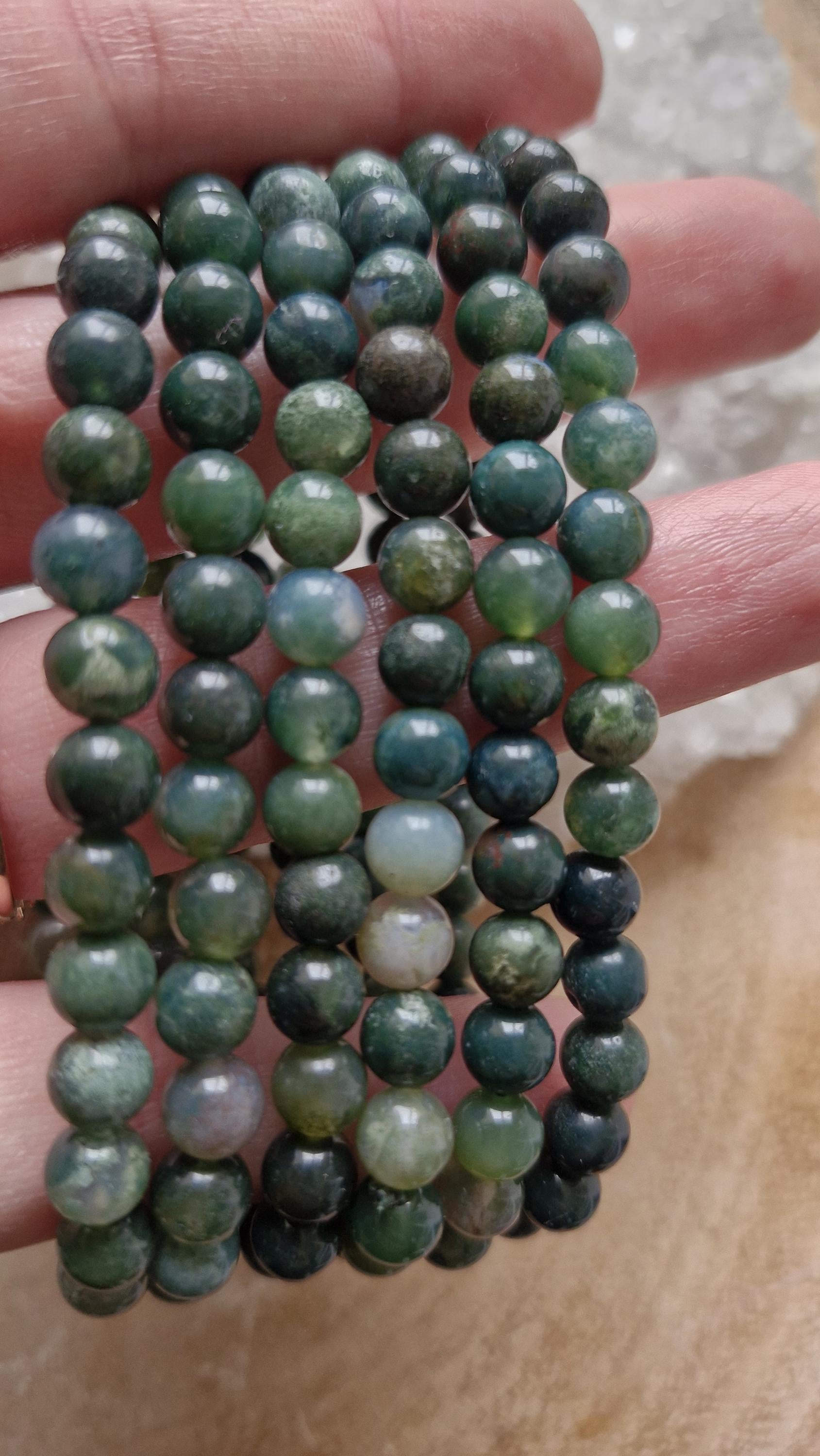 Moss Agate bracelets. Bead Size 7mm with elasticated adjustable band.