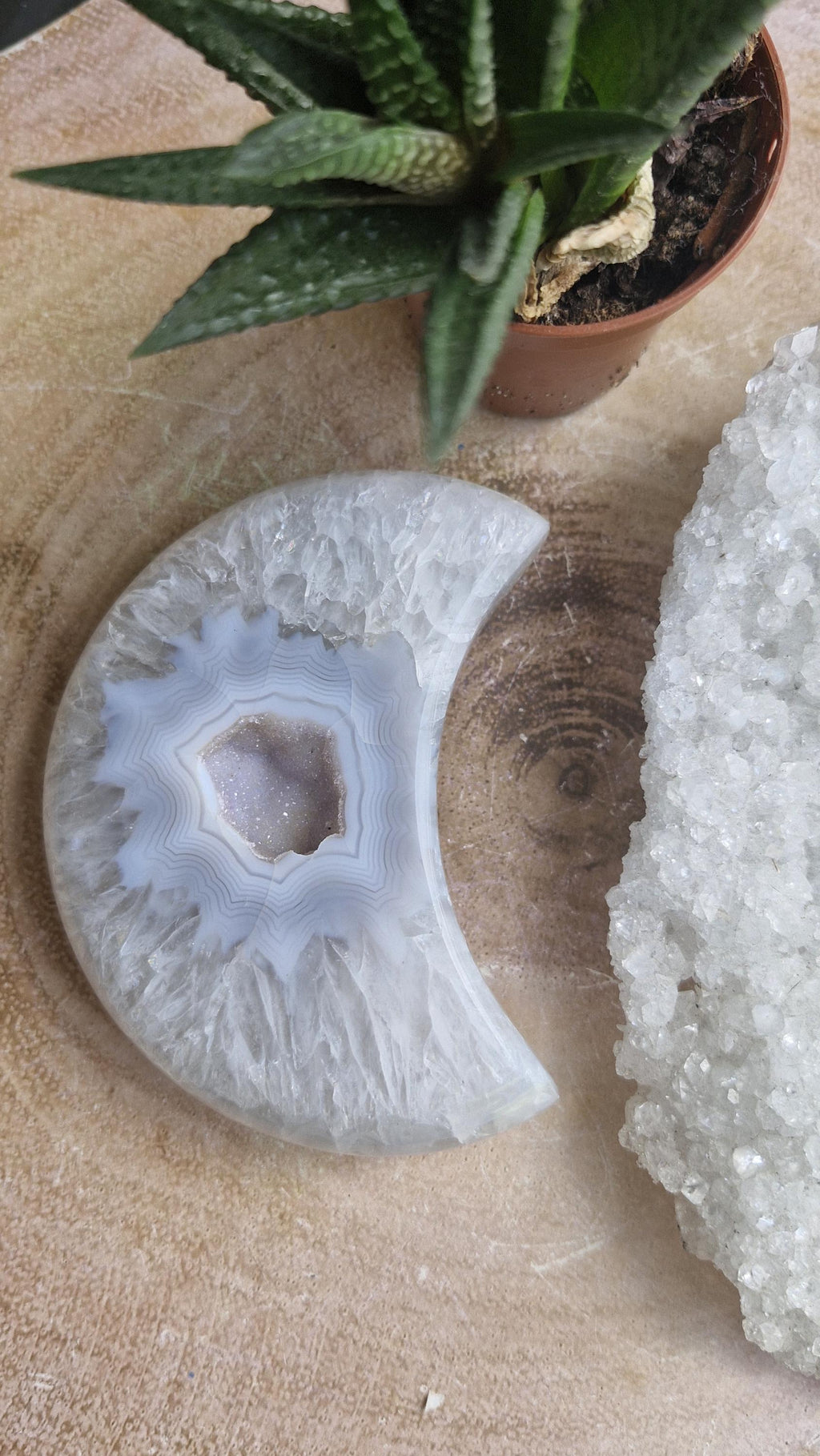 Crystal Agate Druzy Moons with Gold Stand